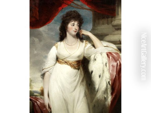 Portrait Of A Lady, Probably Hyacinthe, Marchioness Of Wellesley (1766-1816), Three-quarter-length, In A White Dress With An Ermine-lined Cloak, Standing Before A Column Oil Painting by Sir John Hoppner