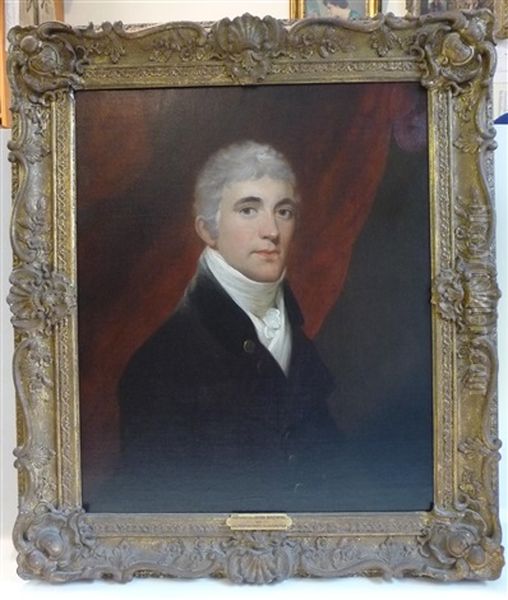 A Head And Shoulders Portrait Of John Browne Of Salperton Park, Gloucester, Depicted In A Wine Coloured Jacket Before A Red Curtain Oil Painting by Sir John Hoppner