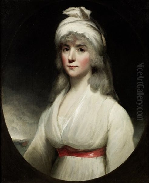 Portrait Of Miss Ann Anguish, Half-length, In A White Dress, A Red Sash And A White Turban Oil Painting by Sir John Hoppner