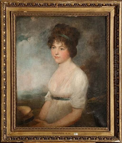 Portrait D'une Dame De Qualite Tenant Un Chapeau De Paille Sur Fond De Paysage Oil Painting by Sir John Hoppner