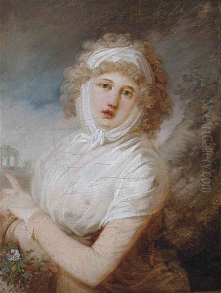 Portrait Of A Lady, Three-quarter-length, In A Cream And White Dress, A Basket Of Flowers On Her Left Arm Oil Painting by Sir John Hoppner