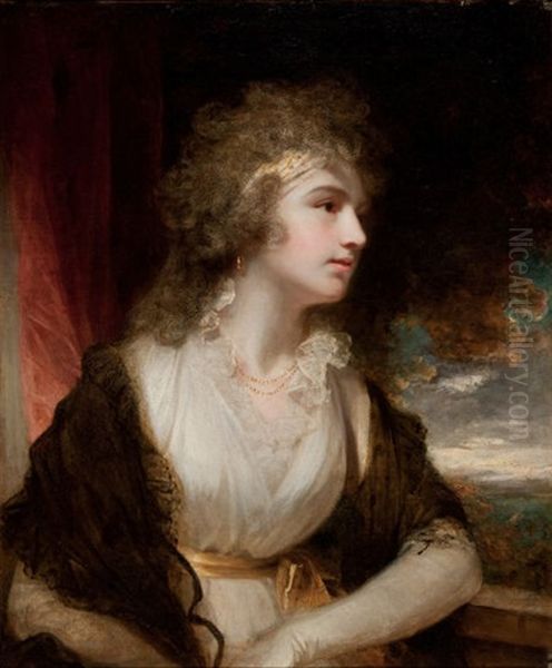 Portrait Of A Lady At Half-length In A Light Dress With A Lace Collar Resting Her Arm On A Balcony (mrs. Charles Greeley?) Oil Painting by Sir John Hoppner