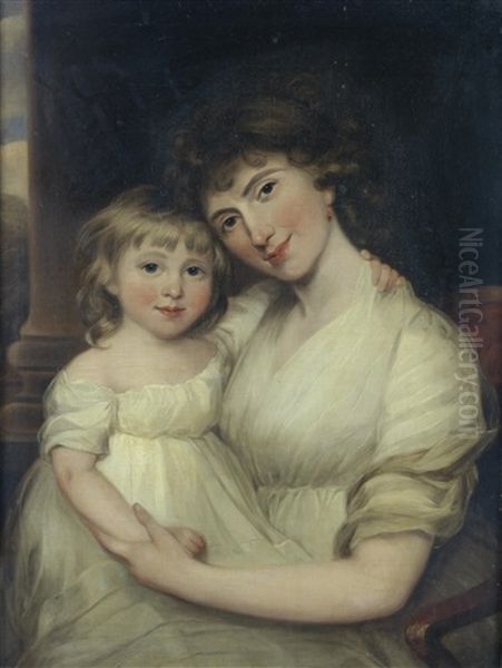 Portrait Of A Lady, In A White Dress, Seated, With Her Child Oil Painting by Sir John Hoppner