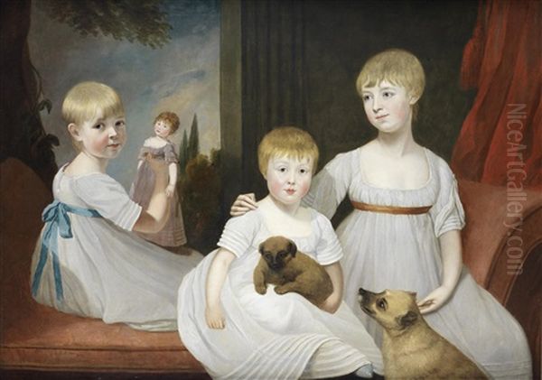 Portrait Of Three Children, Seated Before A Landscape, One Holding A Doll And The Others With Puppies Oil Painting by Sir John Hoppner