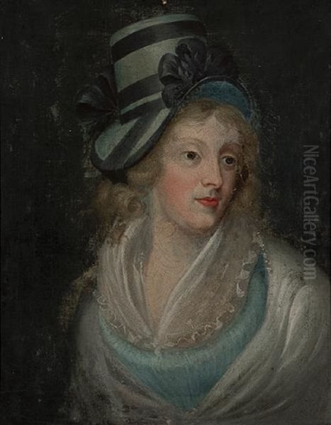 Portrait Of A Woman With A Blue Hat Oil Painting by Sir John Hoppner