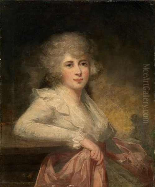 Portrait Of A Lady (lady Macauliffe?), In A Light Dress Holding A Pink Wrap, Her Right Arm Resting On A Stone Ledge Oil Painting by Sir John Hoppner