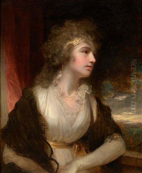 Portrait Of A Lady, In A Light Dress With A Lace Collar Resting Her Arm On A Balcony Oil Painting by Sir John Hoppner