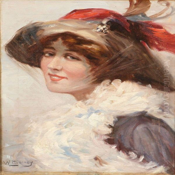 Portrait Of A Smilingyoung Woman Wearing A Hat And A Feather Boa Oil Painting by William Whiston Barney