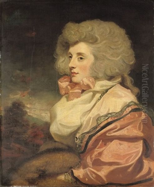 Portrait Of A Lady, Half-length, In A Pink Dress, With A Fur Muff, In A Landscape Oil Painting by Sir John Hoppner