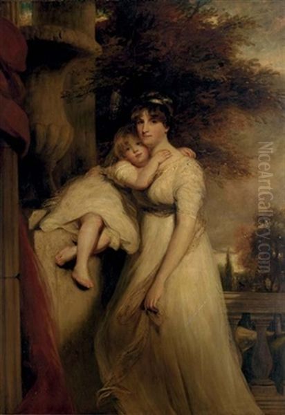 Portrait Of Lady Mildmay, In A White Dress, With Her Child, A Landscape Beyond Oil Painting by Sir John Hoppner