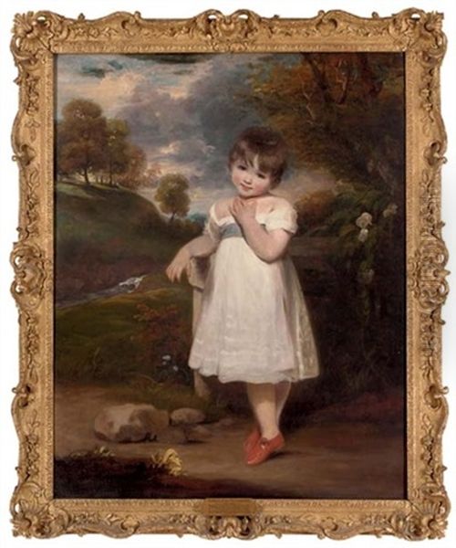 Portrait Of Emma Laura Whitbread In A White Dress With A Blue Sash And A Coral Necklace, In A Wooded Landscape Oil Painting by Sir John Hoppner