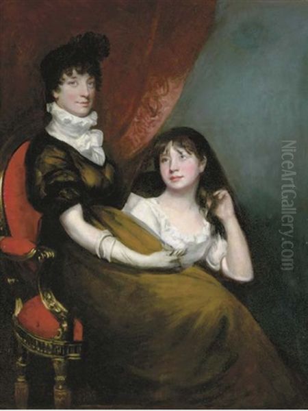 Portrait Of A Lady, Seated Three-quarter Length And Her Daughter, Before A Red Drape by Sir John Hoppner