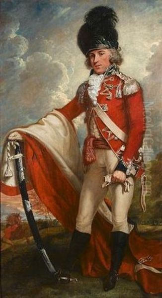 Portrait Of An Officer Of The Queen's Dragoon Guards, Standing-full-length, Holding A Sword, A Horse And Groom In A Landscape Beyond Oil Painting by Sir John Hoppner