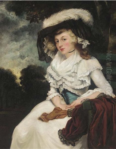 Portrait Of A Lady, Seated Three-quarter-length, In A White Dress With A Blue Sash, And A Feathered Hat, In A Landscape Oil Painting by Sir John Hoppner