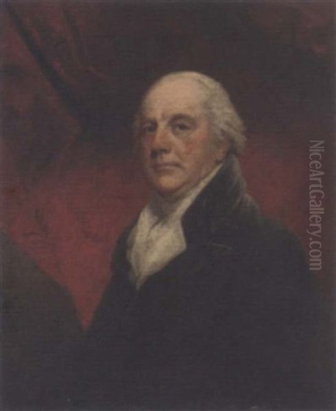 Portrait Of J. Cotes M.p., In A White Cravat And Black Jacket, Before A Red Drape Oil Painting by Sir John Hoppner