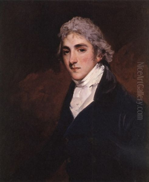 Portrait Of Henry Wellesley, Baron Cowley, Wearing A Double-breasted Blue Coat And White Neckcloth, With Powdered Hair Oil Painting by Sir John Hoppner