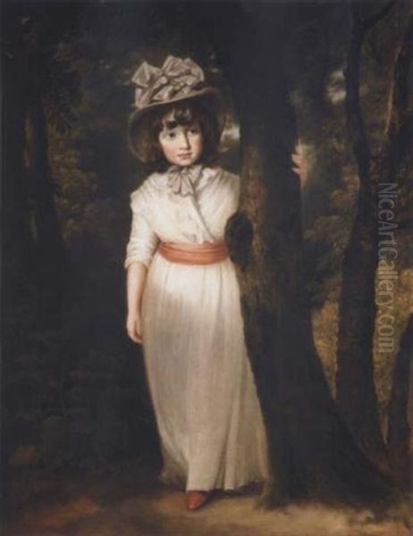 Portrait Of Miss Harriet Ann Seale As Bo-peep Standing In A Wooded Landscape, Wearing A White Dress And A Pink Sash With A Grey Bonnet Oil Painting by Sir John Hoppner