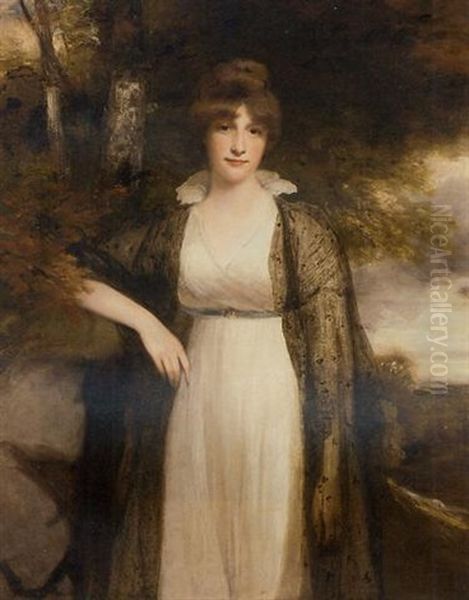 Portrait Of Eleanor Agnes, Wife Of Robert, 4th Earl Of Buckinghamshire, In A White Dress And A Black Shawl, In A Wooded Landscape Oil Painting by Sir John Hoppner