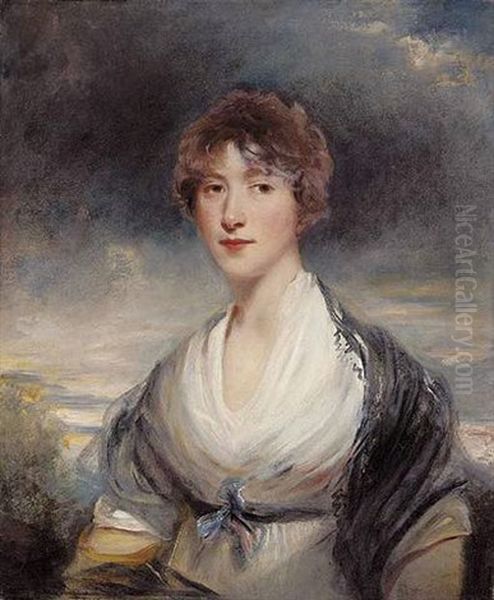 Portrait Of Lady Barbara Ashley-cooper In A White Dress And Black Shawl, In A Landscape Oil Painting by Sir John Hoppner