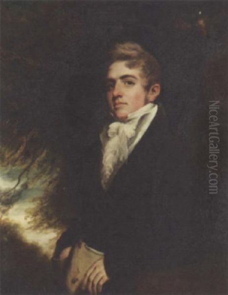 Portrait Of James Heywood Markland In A White Shirt And Brown Coat, Before A Tree Oil Painting by Sir John Hoppner