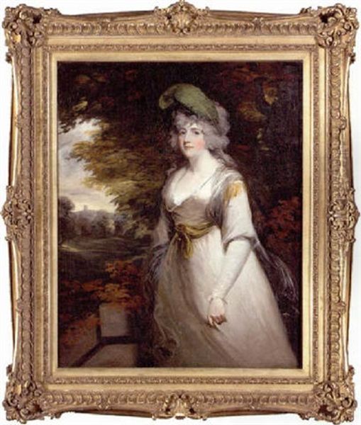 Portrait Of Lady Boothby In A Grey Dress And With A Plume In Her Hair, A Landscape Beyond Oil Painting by Sir John Hoppner