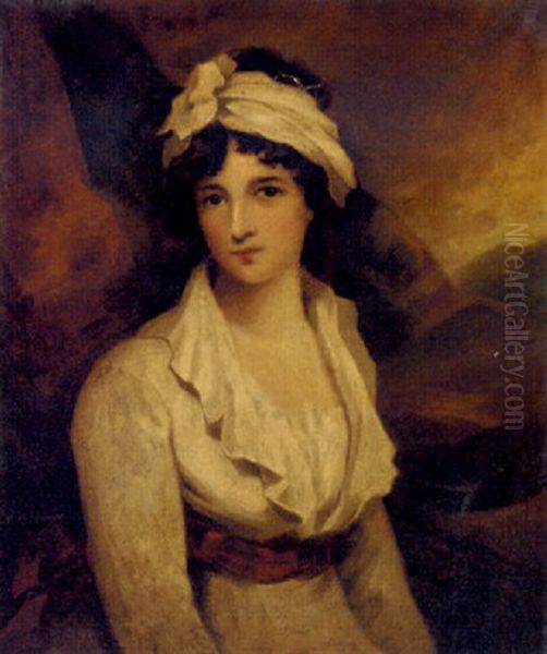 Portrait Of A Young Lady, Seated Three-quarter-length, In A White Dress With A Red Sash In A Landscape by Sir John Hoppner