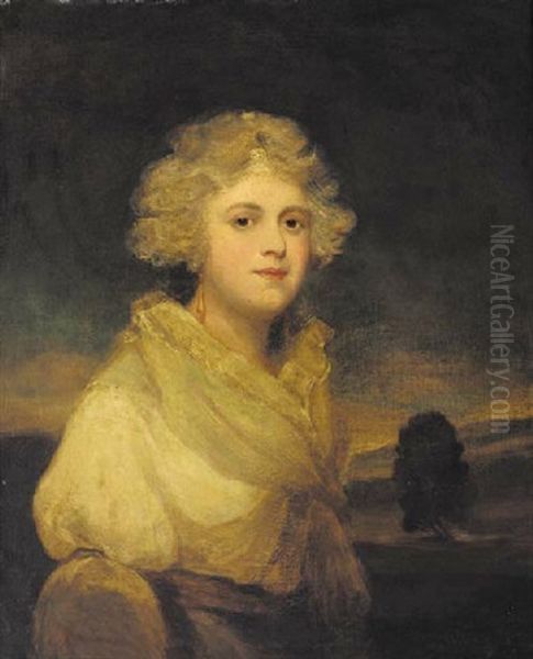 Portrait Of A Lady In A White Dress, A Landscape Beyond Oil Painting by Sir John Hoppner