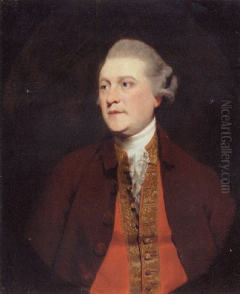 Portrait Of A Gentleman In A Brown Coat And Red Waistcoat With Gold Trim Oil Painting by Sir John Hoppner