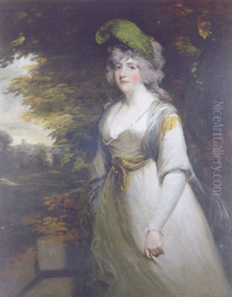 Portrait Of Lady Boothby In A Gray Dress And With A Plume In Her Hair, A Landscape Beyond Oil Painting by Sir John Hoppner