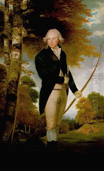 Portrait Of Sir Foster Cunliffe, 3rd Bt Of Acton Park, Denbigh, Standing In A Landscpe, Holding A Bow And Arrow, Wearing A Green Coat And Buff Breeches Oil Painting by Sir John Hoppner