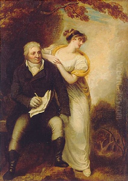 Portrait Of A Gentleman (philippe-jacques De Loutherbourg, R.a.?) Holding A Crayon And Papers With His Wife In A Landscape Oil Painting by Sir John Hoppner