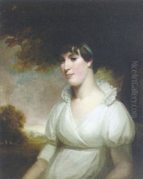 Portrait Of Mrs. Edward Astle, Wearing A White Dress, In A Landscape Oil Painting by Sir John Hoppner