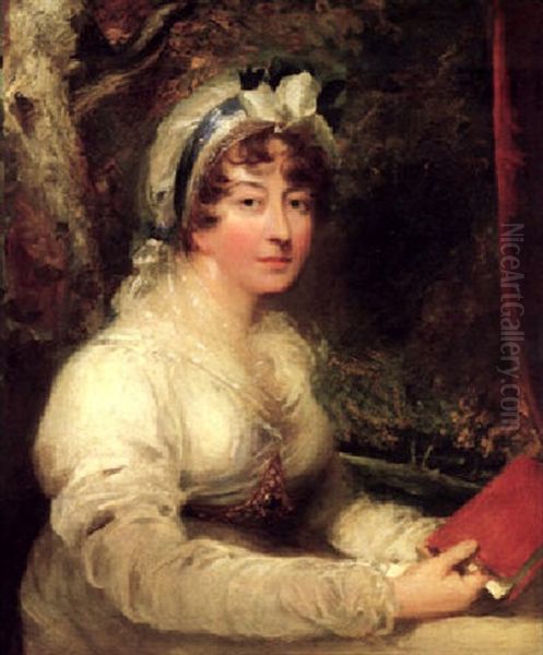 Portrait Of Lady Cunningham Wearing A White Gown And Bonnet With Blue Bow, In A Landscape Oil Painting by Sir John Hoppner