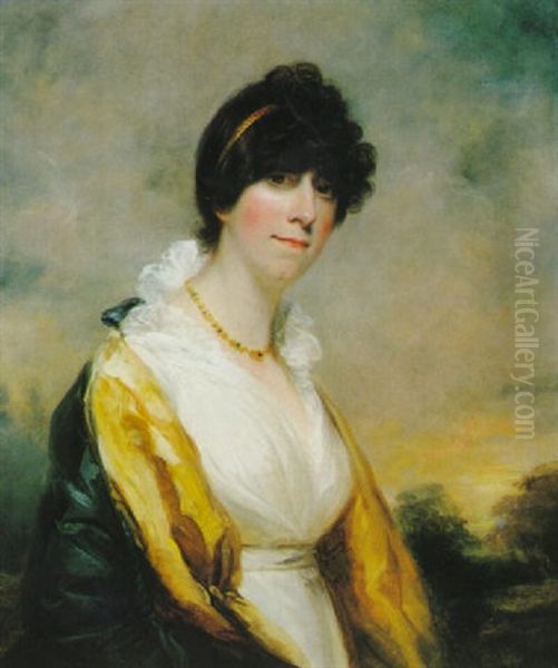 Portrait Of Mrs. John Corbet, Nee Piggott Of Chetwynd, Half Length, Standing In A Landscape Oil Painting by Sir John Hoppner