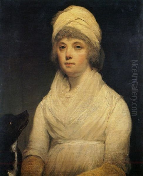 Portrait Of Mrs. Mary Webb, Nee Smith, Wearing White Muslin Dress And Turban, A Dog At Her Knee Oil Painting by Sir John Hoppner