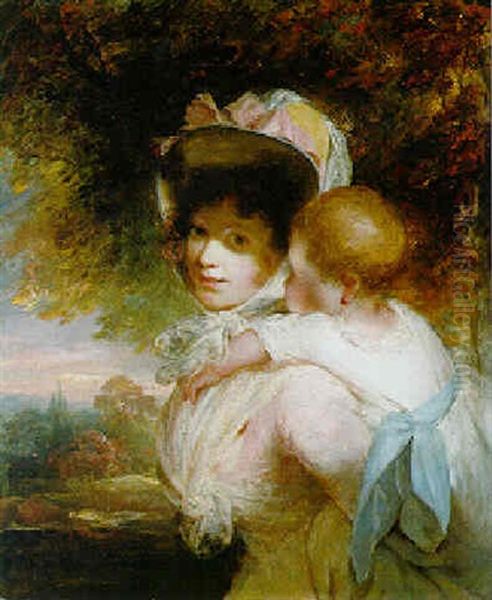 Portrait Of A Lady With Her Daughter Before A Landscape Oil Painting by Sir John Hoppner