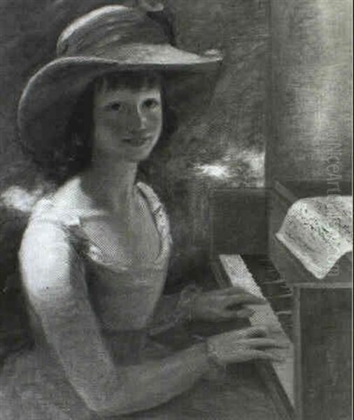 Portrait Of A Girl, Half-length, Wearing A White Dress And  A White Hat, With Pink Ribbons, Seated At A Piano, A Oil Painting by Sir John Hoppner