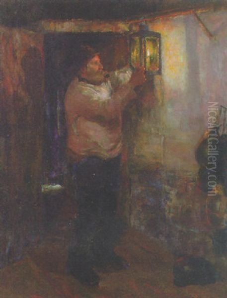 Lighting The Lamp Oil Painting by Gwendoline M. Hopton