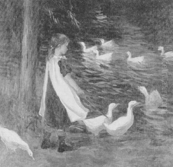 Feeding The Ducks Oil Painting by Gwendoline M. Hopton