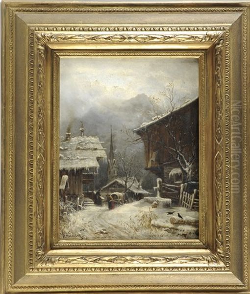 Siedlung In Verschneiter Landschaft Mit Kirchturm Im Hintergrund Und Figurenstaffage Unter Drauendem Himmel Oil Painting by Franz Horadam