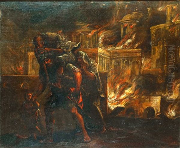 Aeneas Flyr Det Brinnande Troja Med Sin Fader Anchises Pa Ryggen Oil Painting by Pehr Hoerberg