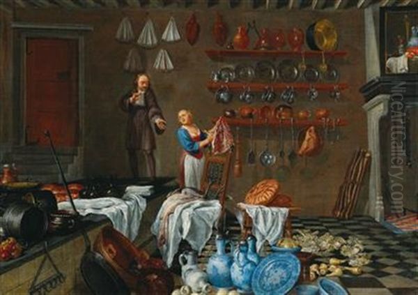 An Elegant Man Conversing With A Maid In A Kitchen Interior Oil Painting by Jan Josef Horemans the Elder