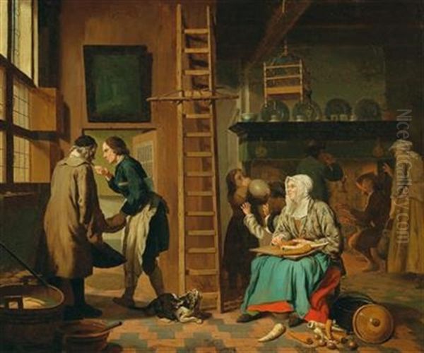 A Kitchen Interior Oil Painting by Jan Josef Horemans the Elder