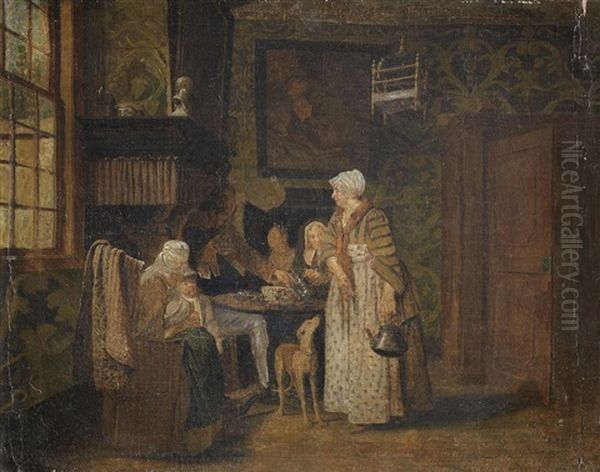 A Family At A Table In An Interior Oil Painting by Jan Josef Horemans the Elder