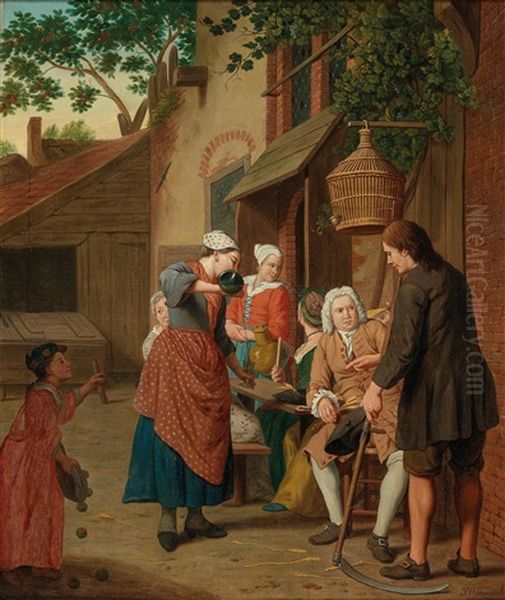 A Company Outside A Tavern Oil Painting by Jan Josef Horemans the Elder