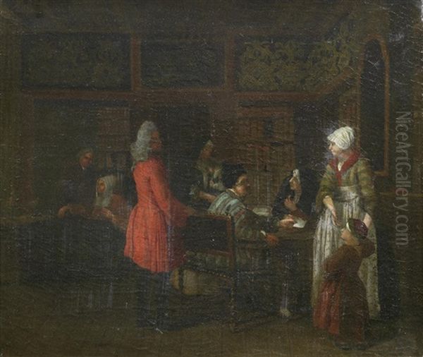 An Interior With A Huntsman And A Woman With A Basket Of Apples; And A Library Interior With A Woman And Her Child Taking Receipt Of A Letter (a Pair) Oil Painting by Jan Josef Horemans the Elder