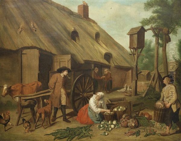 Figures With Baskets Of Vegetables Before A Barn Oil Painting by Jan Josef Horemans the Elder