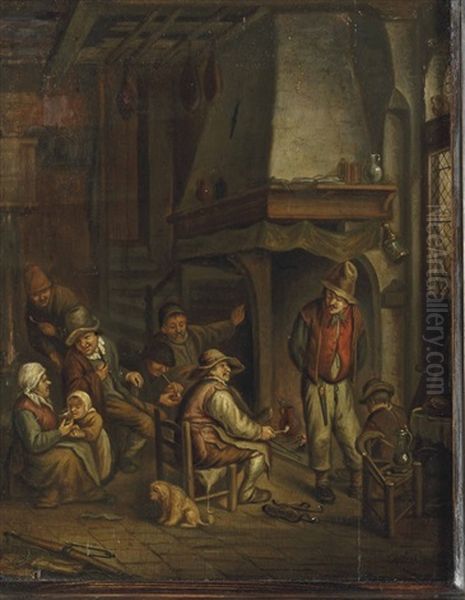 Figures Smoking And Conversing By A Fireplace In An Interior Oil Painting by Jan Josef Horemans the Elder