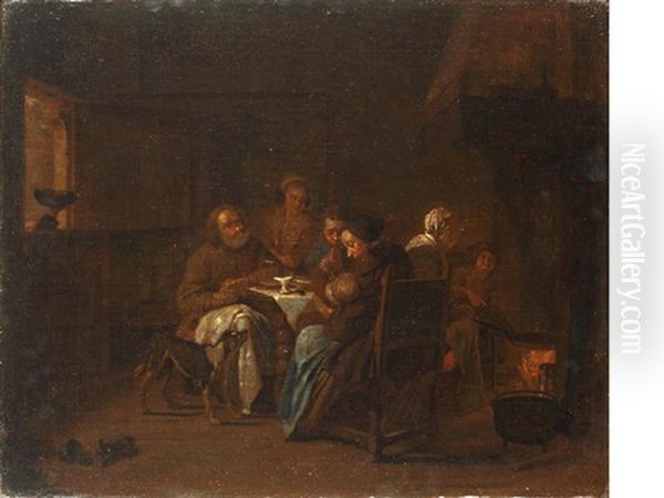 Figures In An Interior Oil Painting by Jan Josef Horemans the Elder