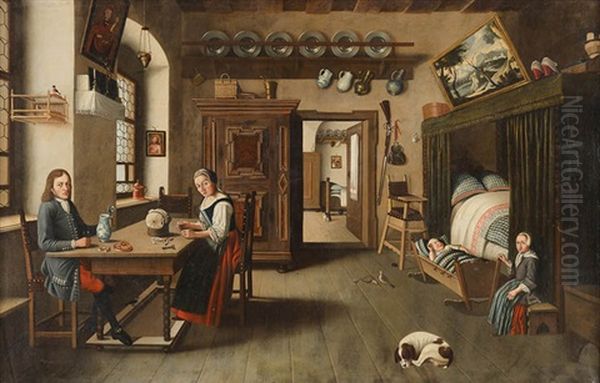 Interieur Mit Vornehmer Burgerfamilie Oil Painting by Jan Josef Horemans the Elder